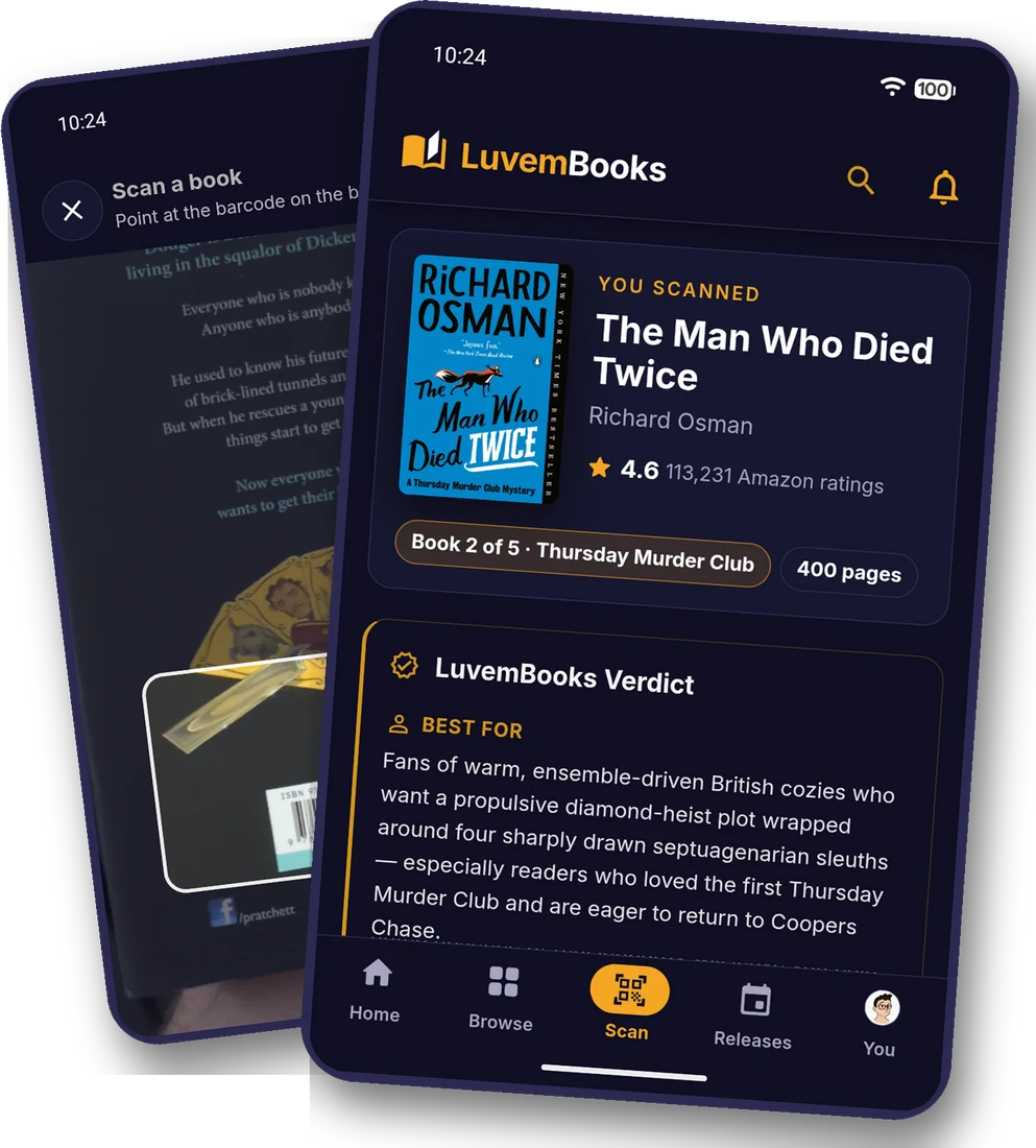 The LuvemBooks Android app: scanning a book's barcode, then its verdict, The Man Who Died Twice